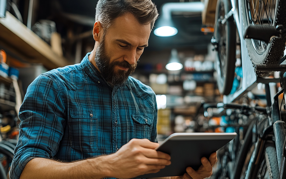 A man works in a warehouse and he is looking at his tablet