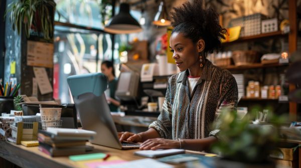 A woman is seated in a store working on her laptop computer