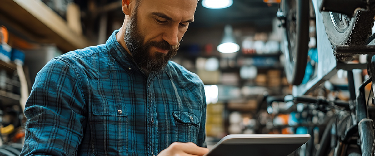 A man works in a warehouse and he is looking at his tablet
